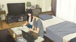  1boy 1girl bed black_hair blue_shirt book bottle brown_hair computer curtains earrings highres indoors jewelry laptop long_hair original plant shirt short_hair short_sleeves studying table television wakamatsu372 white_shirt window 