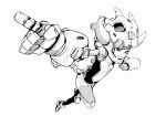  1girl aki001208 armor bangs blunt_bangs fang highres horns mecha_musume mechanical_arms mechanical_tail monochrome original plugsuit pointing running shoes short_hair shorts shoulder_armor shoulder_pads simple_background skull skull_on_head tail thigh-highs tusks white_background 