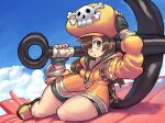  1girl anchor bike_shorts black_gloves blush breasts brown_eyes brown_hair clouds english_commentary fingerless_gloves full_body gloves guilty_gear hair_over_one_eye hat highres holding holding_anchor hood hoodie long_hair looking_at_viewer may_(guilty_gear) mddnaz orange_headwear orange_hoodie orange_shirt pirate_hat shirt skull_and_crossbones solo 