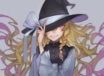  1girl black_headwear blonde_hair bow braid gradient gradient_background grey_background hat hat_bow highres kirisame_marisa long_hair long_sleeves looking_at_viewer shidaccc smile solo touhou upper_body very_long_hair witch_hat 