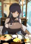  1girl bare_shoulders breasts brown_sweater clothing_cutout earrings eating flat_color food hat holding holding_spoon indoors jewelry large_breasts long_hair looking_at_viewer necklace original plate restaurant shoulder_cutout sitting sketch spoon sweater turtleneck turtleneck_sweater unfinished window xiujia_yihuizi yellow_eyes 