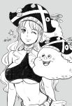 1girl breasts choker clouds greyscale hat highres large_breasts long_hair misokkasu monochrome nami_(one_piece) one_eye_closed one_piece one_piece:_film_red pirate pirate_hat skirt smile under_boob zeus_(one_piece) 