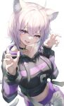  1girl absurdres animal_ear_fluff animal_ears black_choker black_jacket breasts choker collarbone eyebrows_visible_through_hair fingernails hair_between_eyes highres hololive jacket large_breasts long_sleeves looking_at_viewer midriff myung_yi navel nekomata_okayu open_mouth purple_hair short_hair simple_background smile solo tongue tongue_out violet_eyes virtual_youtuber white_background 