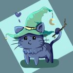 bell cat crescent crescent_hat_ornament english_commentary full_body green_headwear hat hat_ornament heart highres holding holding_stick holding_with_tail jingle_bell leaf matchapudding original prehensile_tail simple_background stick tail witch_hat 