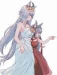  2girls ahoge animal_ears arm_around_waist bangs bare_arms bare_shoulders blush breasts dress dress_flower feet_out_of_frame flower grey_background grey_hair hair_flower hair_ornament hairband highres horse_ears horse_girl horse_tail kanjin_(gy0n1s0) long_hair medium_breasts multiple_girls oguri_cap_(umamusume) open_mouth pointing red_dress sleeveless sleeveless_dress small_breasts strapless strapless_dress tail tamamo_cross_(umamusume) twitter_username umamusume watermark white_dress 