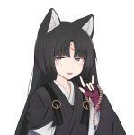  1girl \m/ animal_ears arknights black_hair black_shirt blush dog_ears eyebrows_visible_through_hair facial_mark fang fingerless_gloves forehead_mark gloves hand_up highres japanese_clothes long_hair long_sleeves looking_at_viewer open_mouth purple_gloves saga_(arknights) shirt simple_background solo solution1988 violet_eyes white_background wide_sleeves 