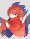  1girl blue_bow bow cape grey_background grin hair_bow high_collar highres long_sleeves looking_at_viewer red_cape red_eyes red_skirt redhead sekibanki shidaccc shirt short_hair simple_background skirt smile solo touhou 