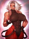  1girl abs adapted_costume aura black_gloves black_leotard breasts colored_sclera curvy fishnets fumio_(rsqkr) genderswap genderswap_(mtf) gloves green_eyes heterochromia highres large_breasts leotard medium_hair muscular omega_rugal powering_up red_sclera rugal_bernstein silver_hair solo suspenders the_king_of_fighters the_king_of_fighters_&#039;95 thick_thighs thighs 