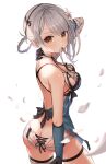  1girl ass back bandaged_arm bandages bare_shoulders black_gloves black_ribbon blue_dress breasts brown_eyes dress flower gloves hair_flower hair_ornament hair_ribbon highres kaine_(nier) looking_at_viewer medium_breasts medium_hair mouth_hold nier nier_(series) panties petals ribbon silver_hair simple_background solo underwear usami_(usami_l) white_background white_flower white_panties 