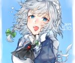  1girl bangs blue_background blue_eyes blue_sky bow braid hair_bow highres izayoi_sakuya looking_at_viewer maid maid_headdress open_mouth shidaccc shirt short_hair silver_hair sky smile solo touhou twin_braids upper_body white_shirt 