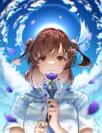  1girl absurdres aijou_karen anemone_(flower) aoi_hane artist_name bangs blue_necktie blue_sky blurry blurry_foreground brown_eyes brown_hair chromatic_aberration closed_mouth clouds collared_shirt commentary crown_hair_ornament day falling_petals flower from_below hair_ornament hairclip hands_up highres holding holding_flower light_smile looking_at_flowers looking_at_object looking_down necktie outdoors petals purple_flower shirt short_hair short_sleeves shoujo_kageki_revue_starlight signature sky solo sun swept_bangs two_side_up upper_body white_shirt 