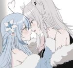  2girls ahoge animal_ears bangs bare_shoulders blue_hair blush braid commentary ear_piercing elf eye_contact eyebrows_visible_through_hair flower from_side fur-trimmed_jacket fur_trim grey_eyes hair_flower hair_ornament heart_ahoge highres hololive imminent_kiss jacket lion_ears long_hair long_sleeves looking_at_another multicolored_hair multiple_girls piercing pointy_ears shishiro_botan silver_hair streaked_hair sui_(camellia) symbol-only_commentary upper_body virtual_youtuber white_flower yellow_eyes yukihana_lamy yuri 