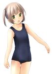  1girl bangs bare_arms bare_shoulders blue_swimsuit blush brown_hair collarbone commentary_request eyebrows_visible_through_hair green_eyes highres looking_at_viewer old_school_swimsuit one-piece_swimsuit open_mouth original school_swimsuit shibacha side_ponytail simple_background solo standing swimsuit thigh_gap white_background 