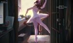  1girl absurdres ballerina ballet ballet_slippers bow brown_hair cityscape commentary dress en_pointe fate/grand_order fate_(series) hair_bow highres indoors jian_po_ambercocoon leotard long_hair mixed-language_commentary osakabe-hime_(fate) pantyhose pink_bow solo twintails very_long_hair white_dress white_legwear 