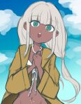  1girl absurdres artist_request bikini blue_eyes danganronpa_(series) danganronpa_v3:_killing_harmony dark-skinned_female dark_skin eyebrows_visible_through_hair frilled_bikini frills highres jacket jewelry long_sleeves necklace nose seashell shell shell_necklace sky smile solo swimsuit tan upper_body white_hair yellow_jacket yonaga_angie 