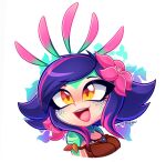  1girl :d artist_name bangs bare_shoulders breasts colored_skin commentary_request flipped_hair flower gistmellow green_skin hair_flower hair_ornament highres league_of_legends medium_breasts neeko_(league_of_legends) open_mouth orange_eyes pink_flower purple_hair smile solo teeth tongue upper_teeth white_background 