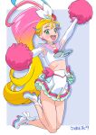  1girl :d arm_up blonde_hair commentary_request cure_summer full_body gradient_hair green_eyes highres long_hair looking_at_viewer magical_girl midriff miyagoe_yoshitsuki multicolored_hair natsuumi_manatsu pink_hair pom_pom_(cheerleading) ponytail precure shoes skirt smile solo tropical-rouge!_precure very_long_hair white_footwear white_skirt 