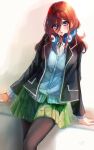  1girl bangs black_jacket black_legwear blue_cardigan blue_eyes blush brown_hair cardigan collared_shirt dress_shirt eyebrows_visible_through_hair go-toubun_no_hanayome green_skirt hair_between_eyes hair_intakes headphones headphones_around_neck highres jacket long_hair long_sleeves looking_at_viewer miniskirt nakano_miku open_clothes open_jacket paddy_field pantyhose parted_lips pleated_skirt school_uniform shiny shiny_hair shirt skirt solo white_shirt wing_collar 