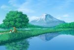  blue_sky clouds cloudy_sky commentary_request day grass highres ikuradonhaseig1 lake landscape mountain nature no_humans original outdoors reflection road scenery sky tree 
