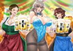  3girls absurdres akaboshi_koume alcohol alternate_costume apple apron asuna_(blue_archive) asuna_(blue_archive)_(cosplay) bangs beer beer_mug black_dress black_legwear blue_apron blue_archive blue_bow blue_bowtie blue_eyes blue_leotard blurry blurry_background bougainvillea15 bow bowtie breasts closed_eyes clothing_cutout collar commentary cosplay covered_navel cup detached_collar dirndl dress emblem eyebrows_visible_through_hair facing_another food frilled_sleeves frills frown fruit german_clothes girls_und_panzer green_dress highleg highleg_leotard highres holding holding_cup huge_breasts itsumi_erika kojima_emi kuromorimine_(emblem) leotard looking_at_viewer medium_hair mug multiple_girls oktoberfest open_mouth pantyhose playboy_bunny puffy_short_sleeves puffy_sleeves red_apple short_hair short_sleeves shoulder_cutout silver_hair smile standing strapless strapless_leotard swept_bangs thighband_pantyhose thighs very_short_hair waist_apron wavy_hair white_collar wing_collar 