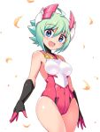  1girl :d ahoge azure_striker_gunvolt_2 bangs black_gloves blue_eyes breasts commentary cougar_(cougar1404) covered_navel cowboy_shot eyebrows_visible_through_hair feathers gloves green_hair headgear leotard looking_at_viewer medium_breasts open_mouth red_leotard roro_(gunvolt) short_hair skindentation sleeveless smile solo standing white_background 