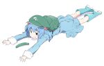  1girl :3 backpack bag bangs blue_dress blue_footwear boots cabbie_hat cucumber dress full_body green_bag green_headwear hair_bobbles hair_ornament hat kawashiro_nitori kt_kkz long_sleeves lying medium_hair on_stomach outstretched_arms solo touhou two_side_up white_background 
