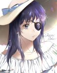  1girl bare_shoulders bow character_name chrome_dokuro collarbone dress eyepatch hat hat_bow highres katekyo_hitman_reborn long_hair purple_hair simple_background solo violet_eyes white_background 