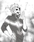  1boy biru_(k22_t20) boku_no_hero_academia closed_eyes cowboy_shot greyscale hand_on_hip hand_up highres jacket making-of_available male_focus monochrome multiple_sources open_mouth pants short_hair smile solo standing teeth white_background yagi_toshinori 