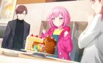 1girl 2boys blush cake character_request dress official_art ootori_emu pink_eyes pink_hair plate project_sekai short_hair smile solo_focus sparkle sparkling_eyes table