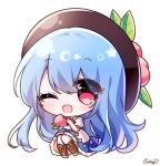  1girl artist_name black_headwear blue_hair blue_skirt blush boots brown_footwear chibi eyebrows_visible_through_hair food fruit hair_between_eyes hat highres hinanawi_tenshi holding holding_food holding_fruit long_hair one_eye_closed open_mouth peach pudding_(skymint_028) puffy_short_sleeves puffy_sleeves rainbow_order red_eyes shirt short_sleeves signature simple_background skirt smile solo touhou white_background white_shirt 