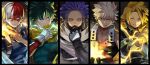  5boys arm_guards bakugou_katsuki bangs belt_collar black_border black_gloves black_jacket black_shirt blonde_hair blue_eyes blue_jumpsuit boku_no_hero_academia border burn_scar cape clenched_hand collar collar_tug column_lineup costume cropped cryokinesis disc_shooter electricity electrokinesis explosion explosive eyebrows_visible_through_hair fingerless_gloves fire freckles full_cowling_(boku_no_hero_academia) furrowed_brow gloves green_eyes green_gloves green_hair green_jumpsuit grenade grey_eyes hair_between_eyes harness heterochromia high_collar highres ice jacket jumpsuit kaminari_denki lightning_bolt_symbol long_bangs looking_at_viewer looking_away male_focus mask midoriya_izuku mouth_mask multicolored_hair multiple_boys muscular muscular_male narrowed_eyes neck_brace open_hand parted_bangs pectoral_cleavage pectorals purple_hair pyrokinesis red_eyes redhead scar scar_across_eye scar_on_face scarf serious shinsou_hitoshi shirt short_hair sideburns skin_tight sleeveless smirk spiky_hair straight_hair streaked_hair todoroki_shouto tonbanlove toned toned_male torn_cape torn_clothes twitter_username two-tone_hair upper_body v-neck v-shaped_eyebrows white_gloves white_shirt yellow_eyes 