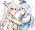  2girls bow dress fujiwara_no_mokou hair_bow hat highres kamishirasawa_keine long_hair multiple_girls open_mouth red_eyes shidaccc shirt silver_hair torn_clothes touhou 