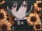  1boy bangs black_border black_hair black_jacket border closed_mouth commentary_request danganronpa_(series) danganronpa_v3:_killing_harmony flower hair_between_eyes jacket looking_at_viewer male_focus porary portrait saihara_shuuichi short_hair solo striped striped_jacket sunflower 