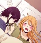  2girls aihara_mei aihara_yuzu bed blonde_hair blush citrus_(saburouta) closed_eyes dress green_dress multiple_girls on_bed pillow purple_dress purple_hair sleeping violet_eyes yuri 