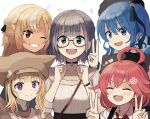  5girls black_hair blonde_hair blue_eyes blue_hair braid breasts choker clenched_hands dark-skinned_female dark_skin double_v glasses grey_hair grin hair_ornament hairclip hat highres hololive hoshimachi_suisei kaigaraori large_breasts multicolored_hair multiple_girls omaru_polka one_eye_closed pink_hair pointy_ears sakura_miko shiranui_flare shirogane_noel smile star-shaped_pupils star_(symbol) star_in_eye symbol-shaped_pupils symbol_in_eye tears v violet_eyes virtual_youtuber wristband 