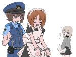 3girls ? alternate_costume apron back_bow bangs belt black_belt black_dress black_skirt blue_eyes blue_pants blue_shirt bound bound_wrists bow brown_eyes brown_hair clipboard closed_eyes closed_mouth commentary cosplay cuffs dress dress_shirt enmaided frilled_dress frills frown girls_und_panzer grey_shirt handcuffs hat highres holding holding_clipboard holding_leash itsumi_erika kuromorimine_school_uniform leash long_sleeves looking_at_another looking_back maid maid_apron maid_headdress medium_hair miniskirt multiple_girls nishizumi_maho nishizumi_miho open_mouth pants peaked_cap pleated_skirt police police_hat police_uniform policewoman pouch puffy_short_sleeves puffy_sleeves ri_(qrcode) school_uniform shirt short_dress short_hair short_sleeves siblings silver_hair simple_background sisters skirt standing tearing_up translated uniform white_apron white_background white_bow