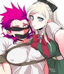  1boy 1girl bangs black_bow blonde_hair blush bound bow bowtie braid breasts brooch collarbone danganronpa_(series) danganronpa_2:_goodbye_despair dated den1208 dress gem green_dress grey_eyes grey_shirt hair_bow jewelry large_breasts long_hair looking_at_viewer outstretched_arm pectorals pink_eyes pink_hair ponytail puffy_short_sleeves puffy_sleeves red_bow red_bowtie rope shirt short_sleeves smile sonia_nevermind souda_kazuichi tape tied_up_(nonsexual) upper_body 