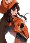  1girl absurdres ass ass_focus bike_shorts brown_hair fingerless_gloves flasso gloves guilty_gear guilty_gear_strive hat highres hood hoodie looking_at_viewer may_(guilty_gear) orange_eyes orange_headwear orange_hoodie pirate_hat skull_and_crossbones solo white_background 