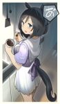  1girl animal_ears ashinowoto black_hair blue_eyes blush breasts eishin_flash_(umamusume) feet_out_of_frame highres horse_ears horse_girl horse_tail indoors kitchen large_breasts looking_at_viewer looking_back medium_hair open_mouth puffy_short_sleeves puffy_sleeves purple_shirt sailor_collar school_uniform shirt short_sleeves skirt solo standing sweat sweatdrop tail tracen_school_uniform umamusume v-shaped_eyebrows white_skirt 