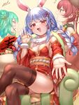 3girls absurdres animal_ear_fluff animal_ears blue_hair blush braid breasts calligraphy_brush carrot_hair_ornament double_bun eyebrows_visible_through_hair food-themed_hair_ornament green_hair hair_ornament happy_new_year heterochromia highres hololive houshou_marine japanese_clothes long_hair looking_at_viewer miko_no_kamiko multicolored_hair multiple_girls open_mouth paintbrush rabbit_ears red_eyes redhead solo thick_eyebrows thighs twin_braids twintails two-tone_hair uruha_rushia usada_pekora virtual_youtuber 