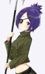  1girl belt blush chrome_dokuro closed_mouth eyepatch fuji_noyume highres katekyo_hitman_reborn looking_at_viewer midriff navel open_mouth polearm purple_hair short_hair simple_background solo violet_eyes weapon white_background 