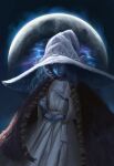  1girl blue_eyes blue_hair blue_skin cloak closed_mouth colored_skin dress elden_ring extra_arms fingernails full_moon fur_cloak hat highres jewelry large_hat lips looking_at_viewer moon raedrobart ranni_the_witch ring short_hair solo white_dress white_headwear witch_hat 