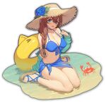  1girl animal artist_request beach bikini blue_bikini blue_eyes blue_flower blue_nails blue_rose braid braided_ponytail brown_hair crab eyebrows_visible_through_hair fang feet flower game_cg hat in_water inflatable_toy mahjong_soul official_art open_mouth qingkuniang rose sandals seiza side_ponytail simple_background sitting skin_fang solo sun_hat swimsuit third-party_source transparent_background yostar 