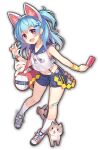  1girl animal_ears artist_request bag bandaid bandaid_on_knee bandaid_on_leg bell blue_hair bow bracelet cat_ears eyebrows_visible_through_hair fang food game_cg hair_ornament holding holding_bag holding_food igarashi_haruna jewelry looking_at_viewer mahjong_soul midriff navel official_art pink_bow popsicle red_eyes shoes shorts simple_background skin_fang sneakers solo sweatband third-party_source transparent_background yostar 