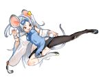 animal_ears blue_archive blue_bow blue_dress bow china_dress chinese_clothes closed_mouth detached_sleeves dress ear_tag fang grey_hair hair_ribbon kung_fu lizender long_hair mouse mouse_ears mouse_girl mouse_tail pantyhose pantyhose_around_one_leg red_eyes ribbon saya_(blue_archive) smile tail very_long_hair white_background 