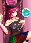  1girl bangs bare_shoulders black_choker breasts chain choker clothes_writing earth_(ornament) english_text hand_on_own_chest hatoman_(ytef4434) heart hecatia_lapislazuli highres legacy_of_lunatic_kingdom long_hair moon_(ornament) multicolored_clothes off-shoulder_shirt off_shoulder open_mouth plaid plaid_skirt polos_crown red_eyes redhead shirt short_sleeves skirt smile solo t-shirt touhou underworld_(ornament) 