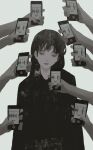  1girl absurdres black_hair black_shirt cellphone closed_mouth grey_background half-closed_eyes highres holding holding_phone long_hair looking_at_viewer original phone shirt simple_background smartphone solo_focus tuoer voice_recorder 