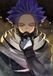 1boy bags_under_eyes boku_no_hero_academia collar_tug costume face fingerless_gloves fishnet_sleeves forehead frown gloves hand_to_own_face hand_up highres jumpsuit looking_at_viewer male_focus mask messy_hair mouth_mask narrowed_eyes purple_hair scarf shinsou_hitoshi short_hair sideburns sleeves_rolled_up solo spiky_hair straight-on strap tonbanlove twitter_username upper_body violet_eyes 