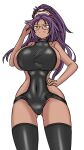  1girl absurdres ass_visible_through_thighs bleach breasts dark_skin deculture disdain glasses hand_on_eyewear hand_on_hip highres huge_breasts long_hair looking_down navel one-piece_swimsuit orange_eyes ponytail purple_hair second-party_source shihouin_yoruichi sideboob swimsuit thigh-highs 