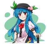 1girl bangs black_headwear blue_hair blush bow bowtie buttons closed_mouth collared_shirt commentary_request fruit_hat_ornament hand_on_hilt hand_on_hip hat hinanawi_tenshi leaf long_hair looking_at_viewer noel_(noel-gunso) peach_hat_ornament puffy_short_sleeves puffy_sleeves red_bow red_bowtie red_eyes shirt short_sleeves sidelocks smile solo sword_of_hisou touhou wing_collar